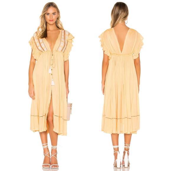 Free People M Midi Dress | Boho Embroidered Gauze, Ruffle Sleeves, Tassel Tie - Picture 1 of 7